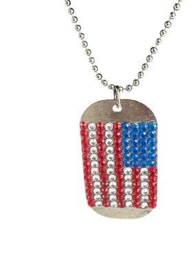 Y2K American Flag Rhinestone Dog Tag Necklace Patriotic USA Ball Chain Grunge